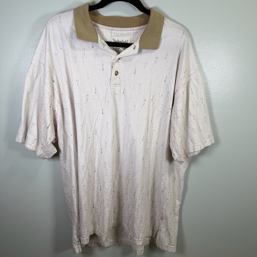 Sedgefield Mens Golf Polo Shirt XL White Tan Golf Tee Print Cotton Short Sleeve